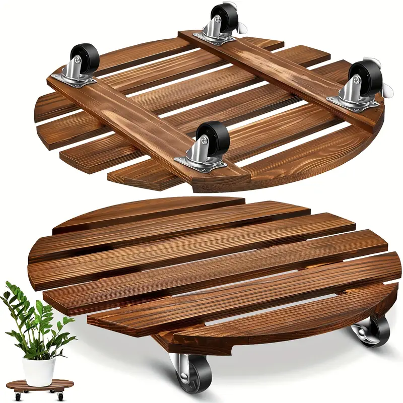 2pcs Plant Caddy Wooden 14" Plant Stand with Wheels Heavy Duty Rolling Plant Stand Round Plant Dolly Rollers Base Cart with Metal Lockable Casters for Outdoor/Indoor Large Plant Pot/Flower Pot/Patio