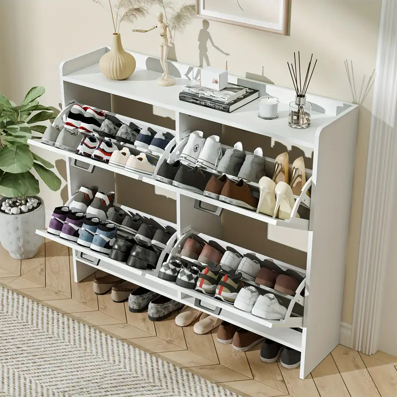 Modern White Metal Shoe Storage Cabinet with 4 Flip-Up Drawers - Slim Freestanding Narrow Entryway Organizer, Hidden Farmhouse Design, Space-Saving Under 27" Height, Easy Assembly for Hallway & Entrance, Shoe Cabinet