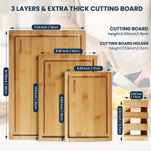 4pcs Kitchen Wooden Cutting Board Bamboo Cutting Board, Cutting Board with Stand, Cutting Board with Built-in Compartment Juice Well. Gift for Mother's Day, Father's Day, Father Gift. Family And Friends. Essential Kitchen Tool.