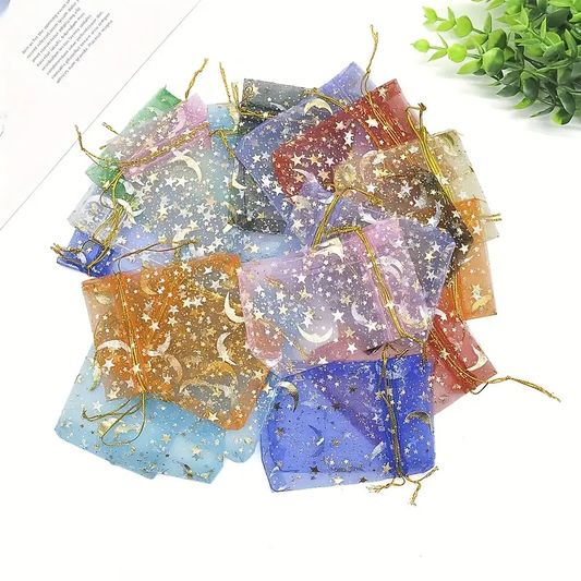 200pcs Mixed Color Organza Drawstring Gift Bags with Moon & Stars – Clear Organza Favor Bags for Jewelry, Wedding Party Candy, Valentine’s Day, Easter, and Makeup Storage, Small Gift Bags