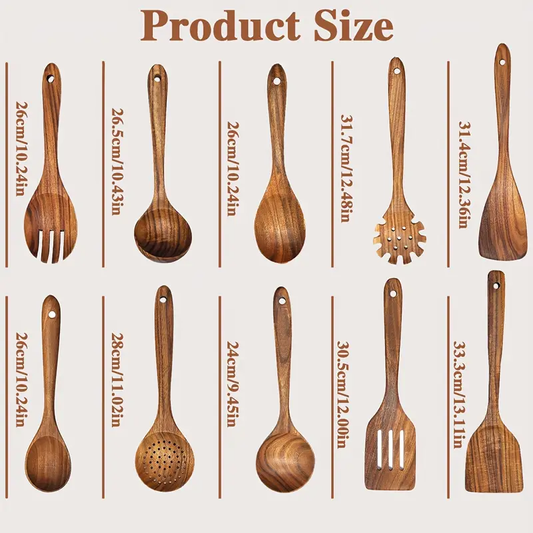 10pcs Premium Wooden Kitchen Utensils Set - Ergonomic Handles, Natural Wooden Spoons, Spurtle, Ladle, and Wok Spatulas for Non-Stick Pans, Heat Resistant, Easy to Clean, and Kitchen Essentials