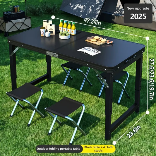 MIKEE 5 - Piece Black Folding Table Set with 4 Free Foldable Stools, Adjustable Height Portable Fold - In - Half Camping Picnic Table with Carrying Handle, Indoor Outdoor Use, Heavy Duty