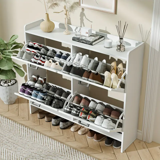 Modern White Metal Shoe Storage Cabinet with 4 Flip-Up Drawers - Slim Freestanding Narrow Entryway Organizer, Hidden Farmhouse Design, Space-Saving Under 27" Height, Easy Assembly for Hallway & Entrance, Shoe Cabinet